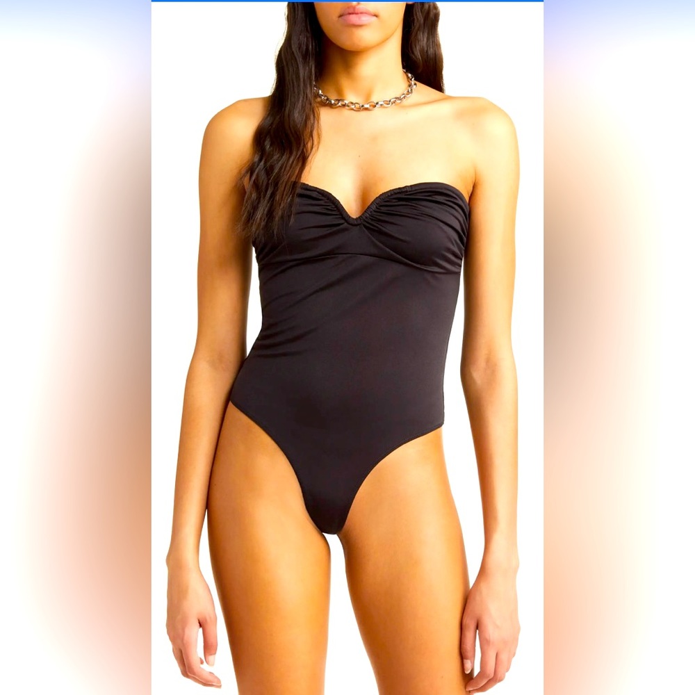 NWT Open Edit ruched strapless bodysuit, Black, Sz. L